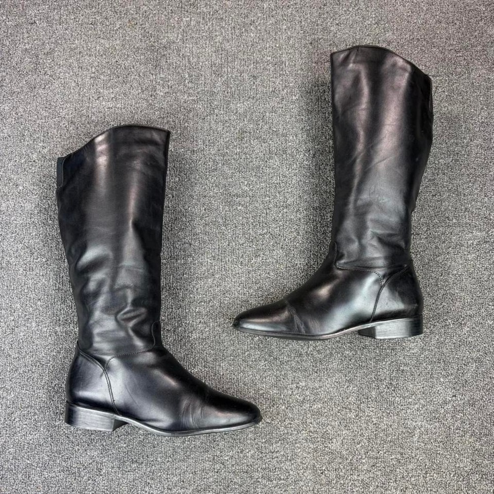 Black Leather Knee High Pull On Rounded Tall Riding Boots Size 10 W